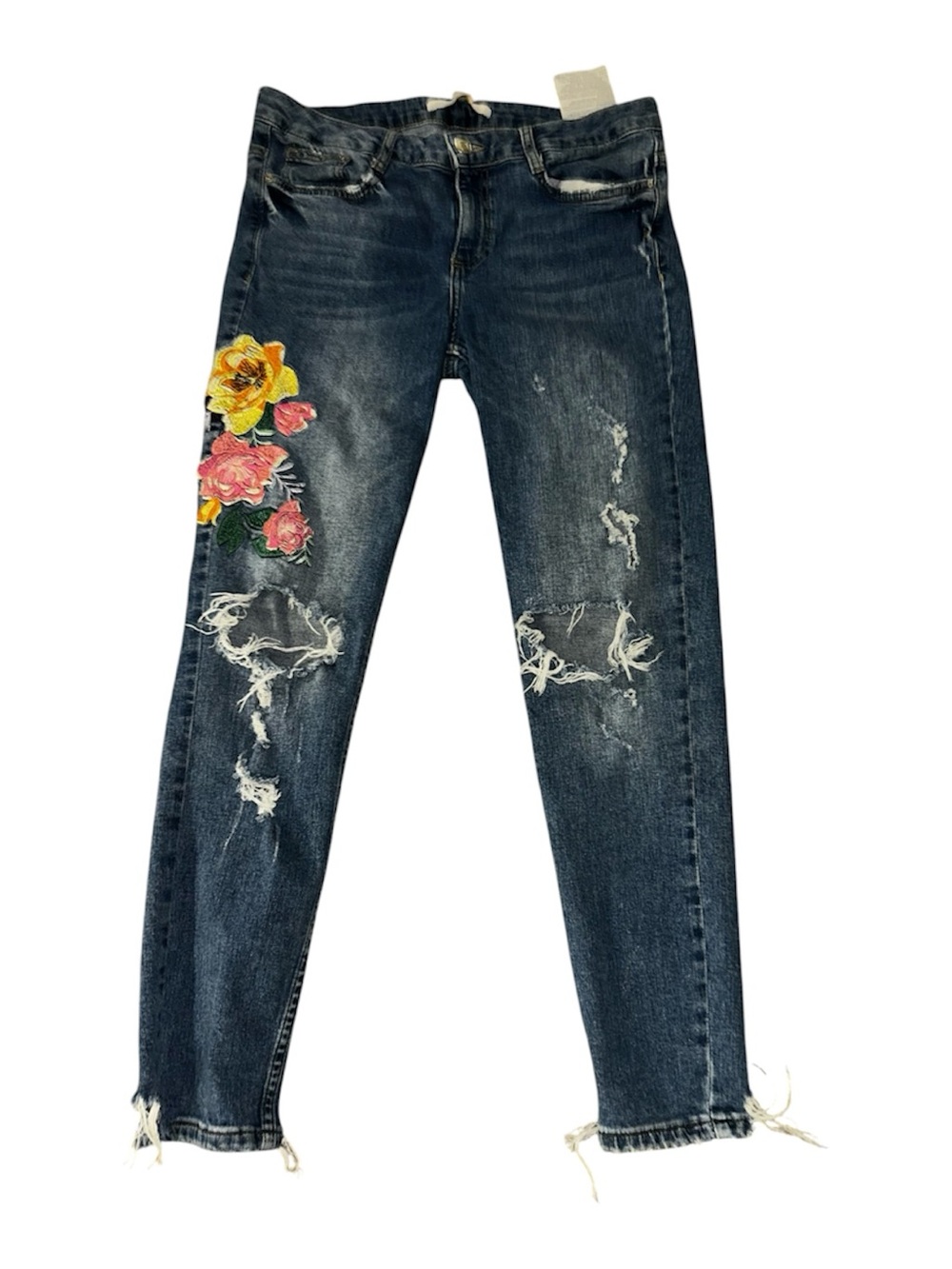 Zara Dark Blue Floral Embroidered Distressed Women's Jeans
